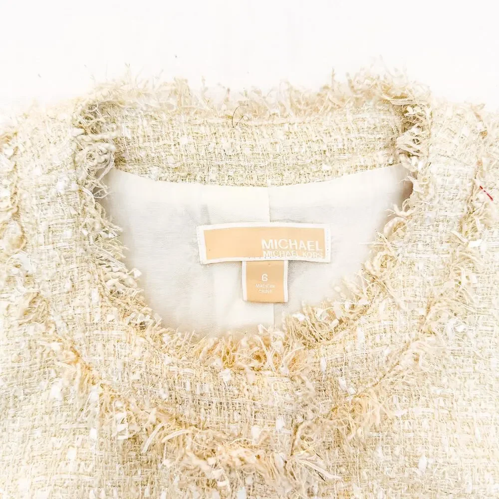 Michael Kors Woven Style Tweed Fringe Blazer Cream Gold Size Medium